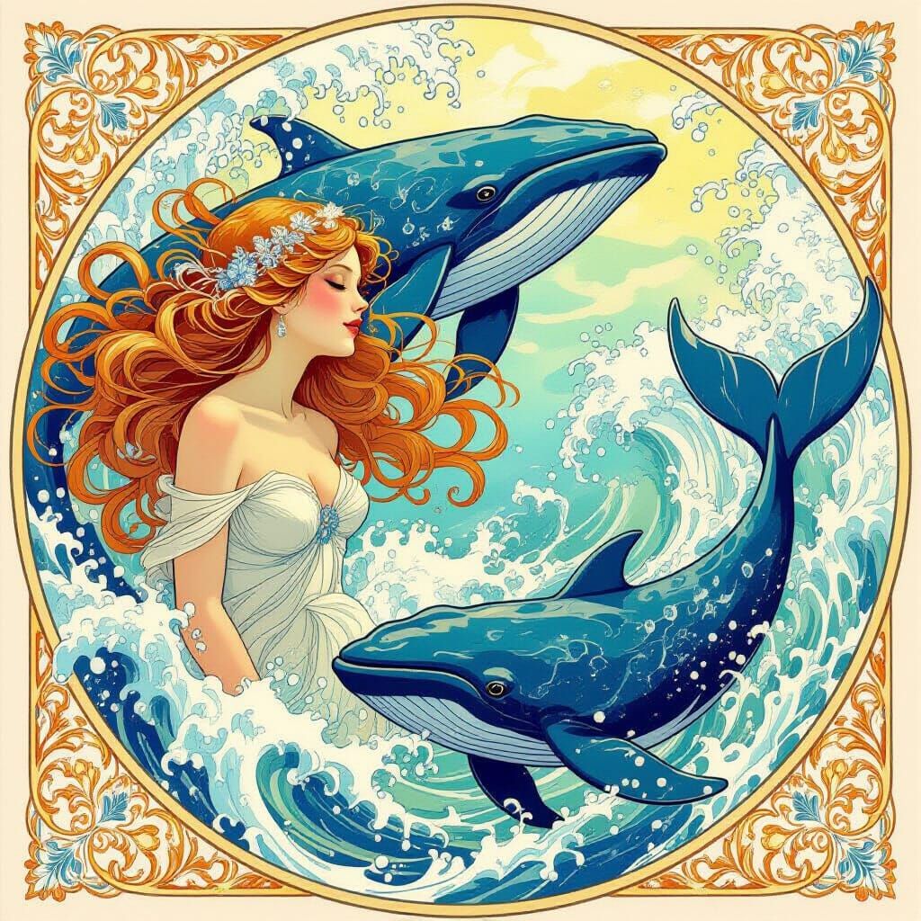 Fantastical Whales Flowing Through Hair in Circular Art