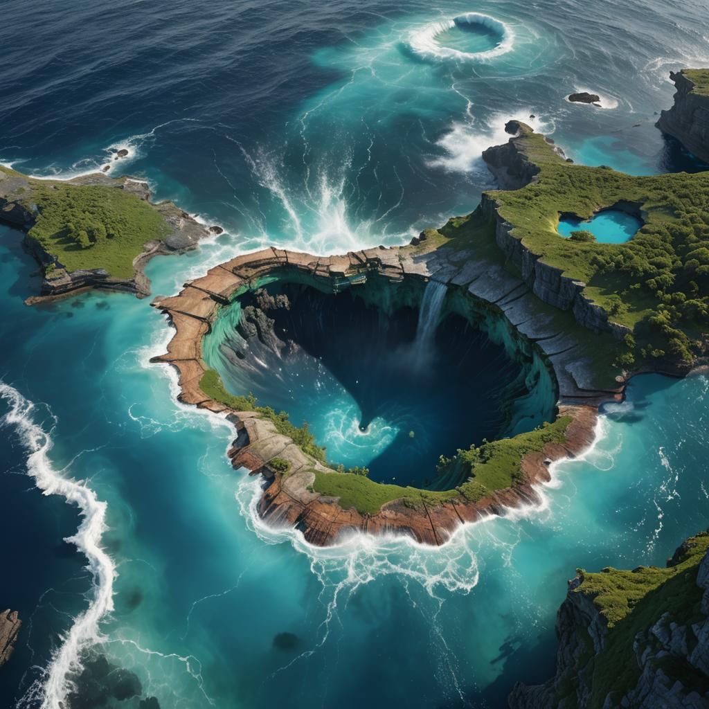 Dramatic Sinkhole Concept Art in Turquoise Sea