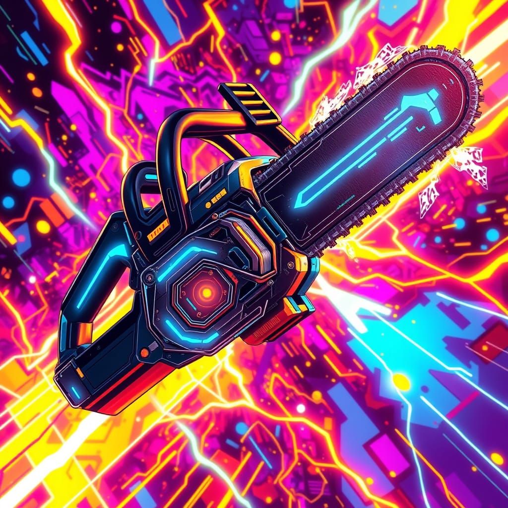 Glowing Neon Chainsaw in Cyberpunk Anime Style
