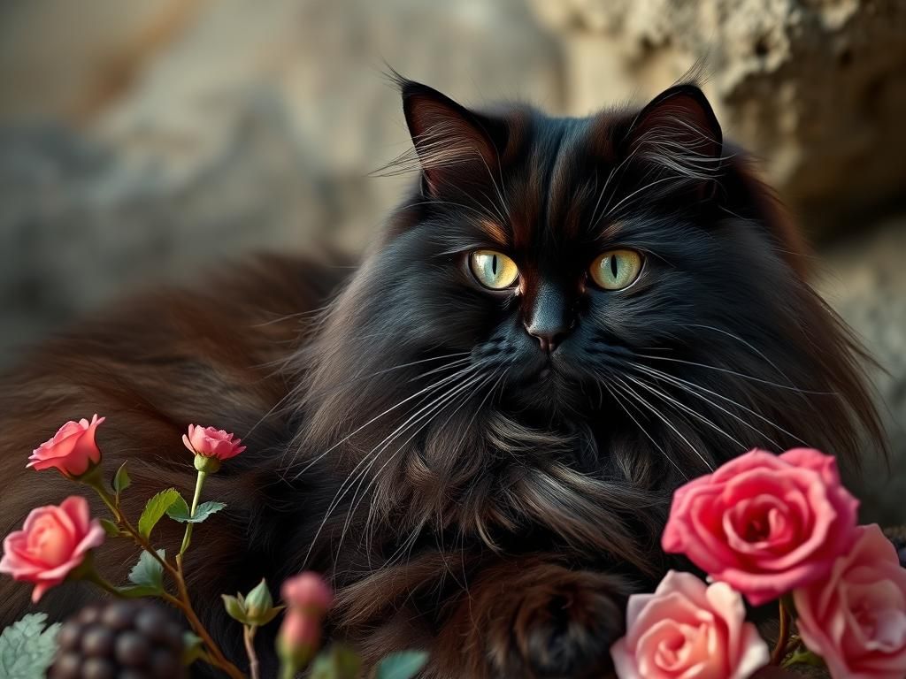 Black Persian Cat in Cottagecore Style
