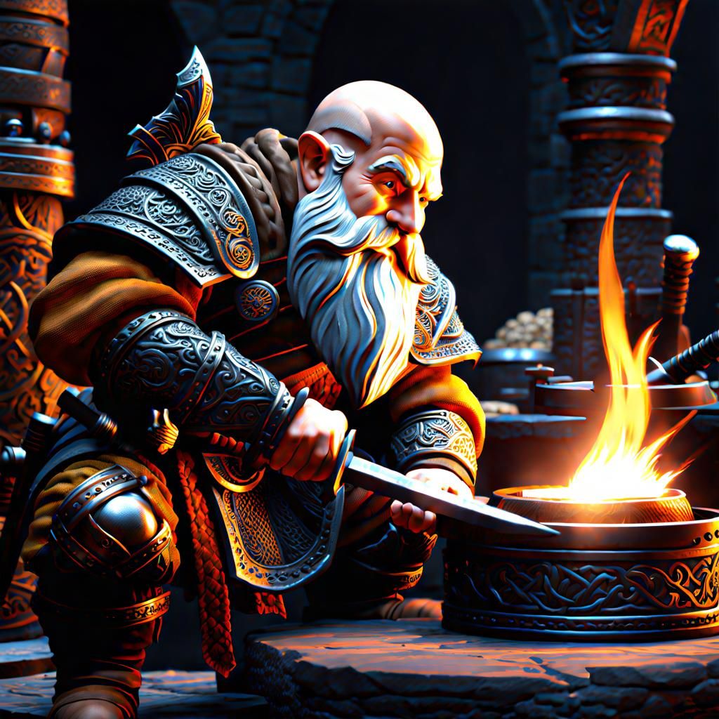 Dwarf Smith Forging Sword in Great Forge