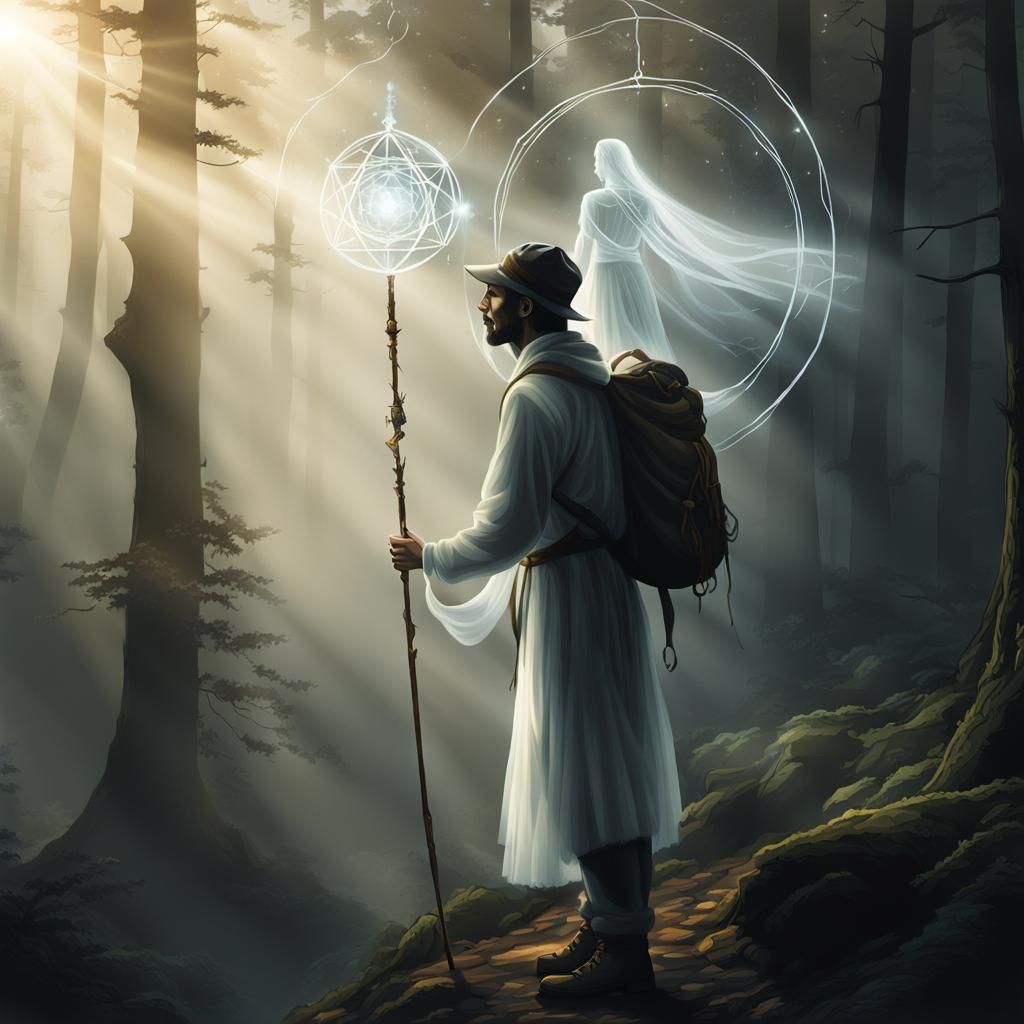 Cosmic Hiker in Divine Forest: Surreal Illustration