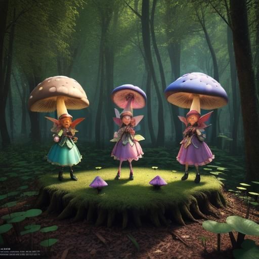 Fairies Hovering Above Mushroom in Magical Forest