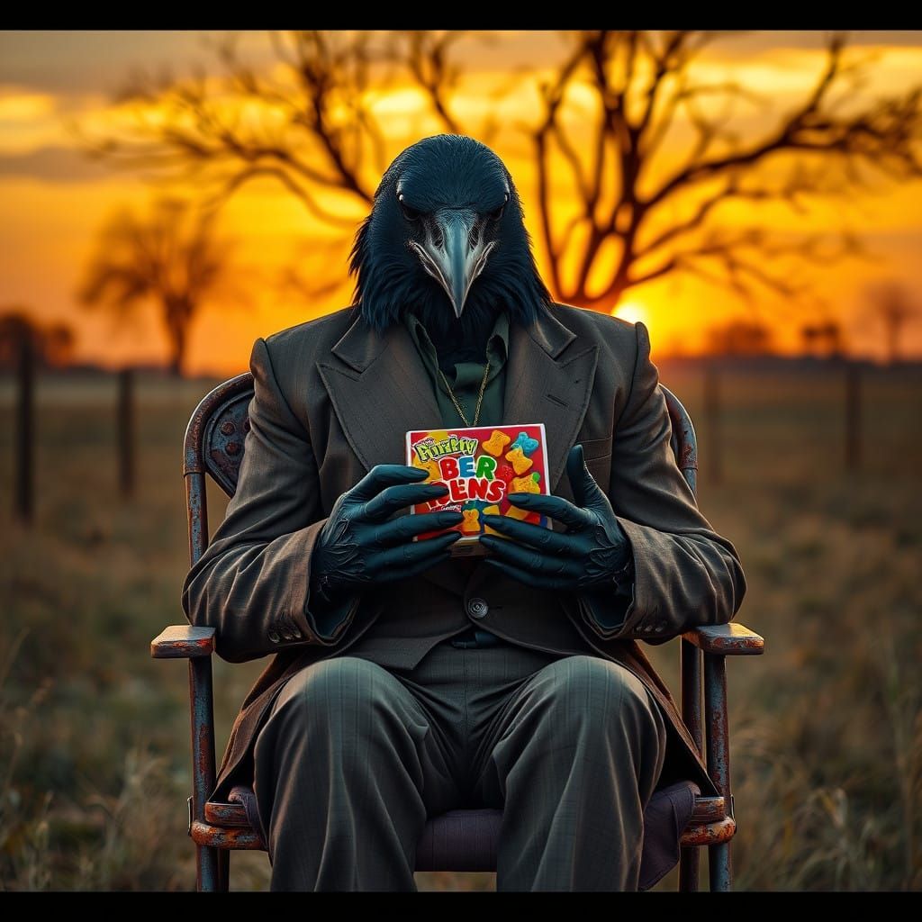 Surreal Crow Figure Sits in Rustic Folding Chair with Gummy...