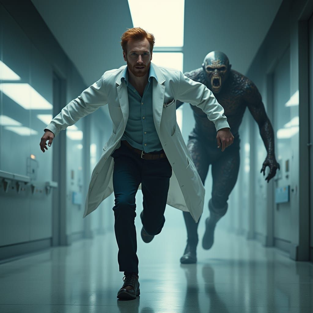 Man Fleeing Monster in Hyperrealistic Laboratory