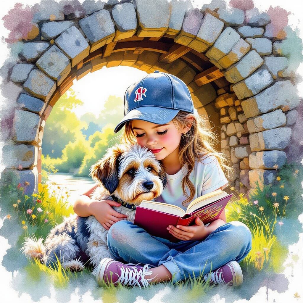 Girl and Dog Reading Under Bridge in English Countryside