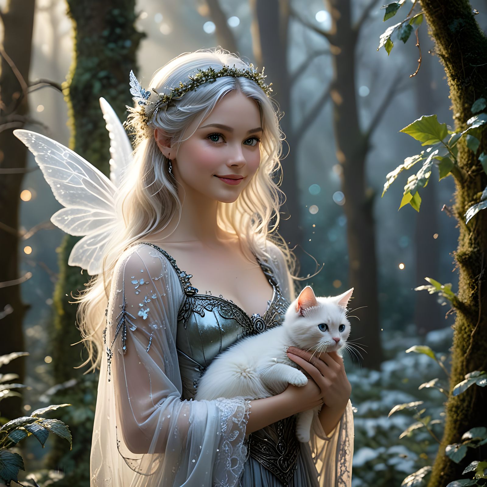 Silver Fairy with Ragdoll Cat in Winter Glade