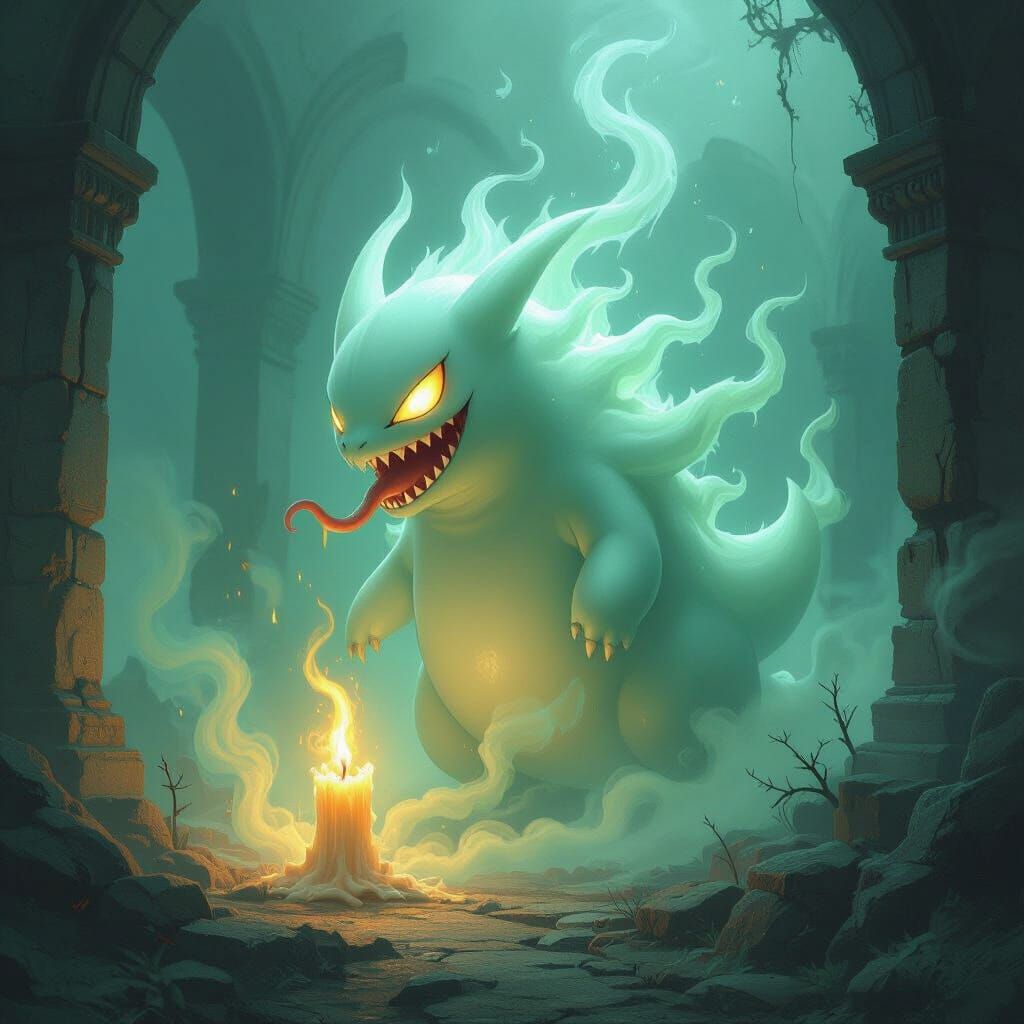 Ethereal Pokémon in Misty Ruins, Dark Fantasy Digital Art