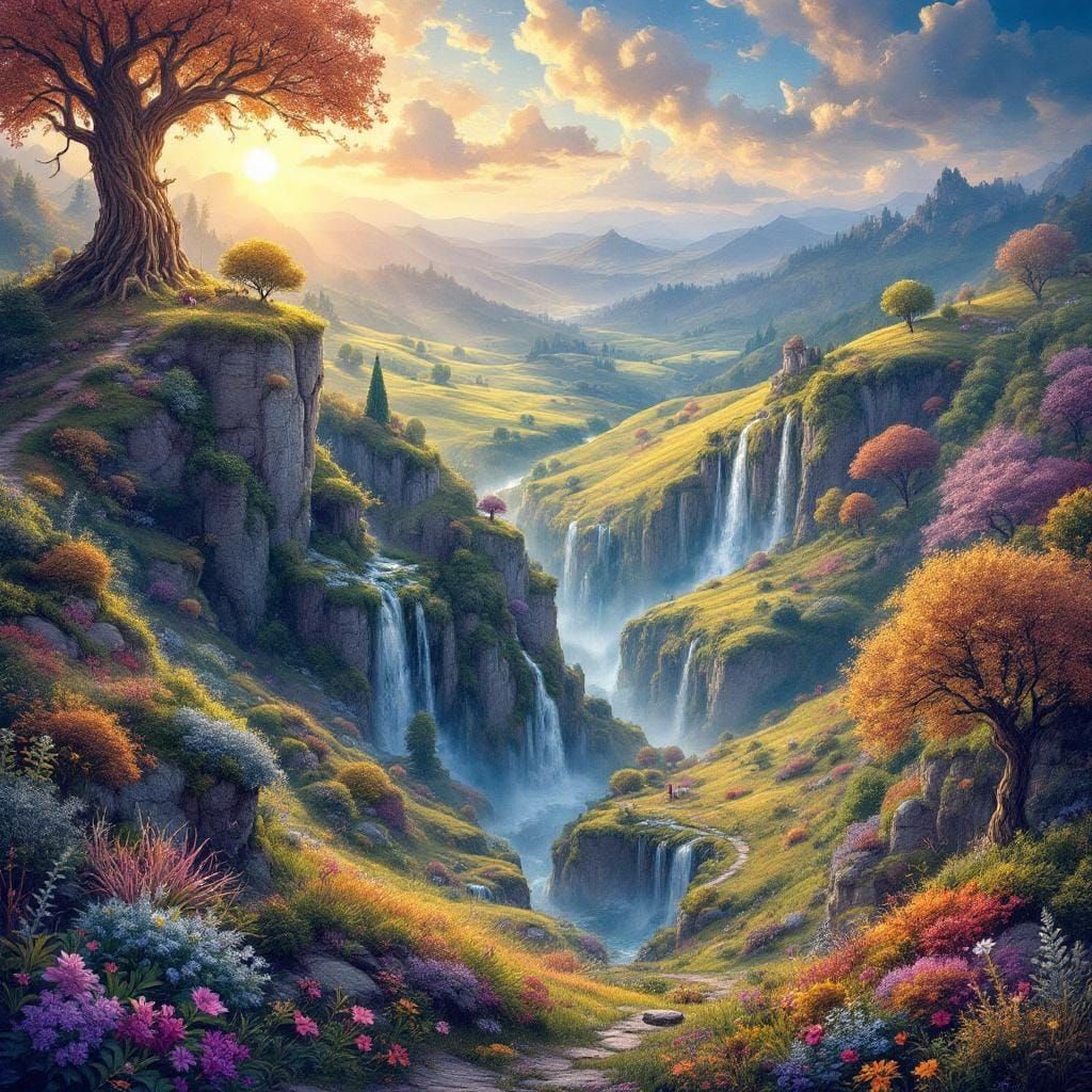 Whimsical Fantasy Nature Landscape with Waterfalls