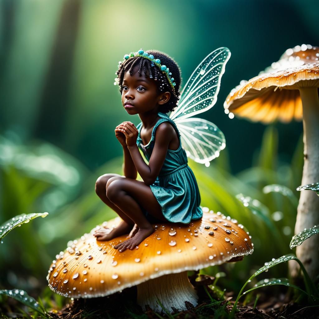 Tiny Melanin Fairy on Mushroom in Morning Light