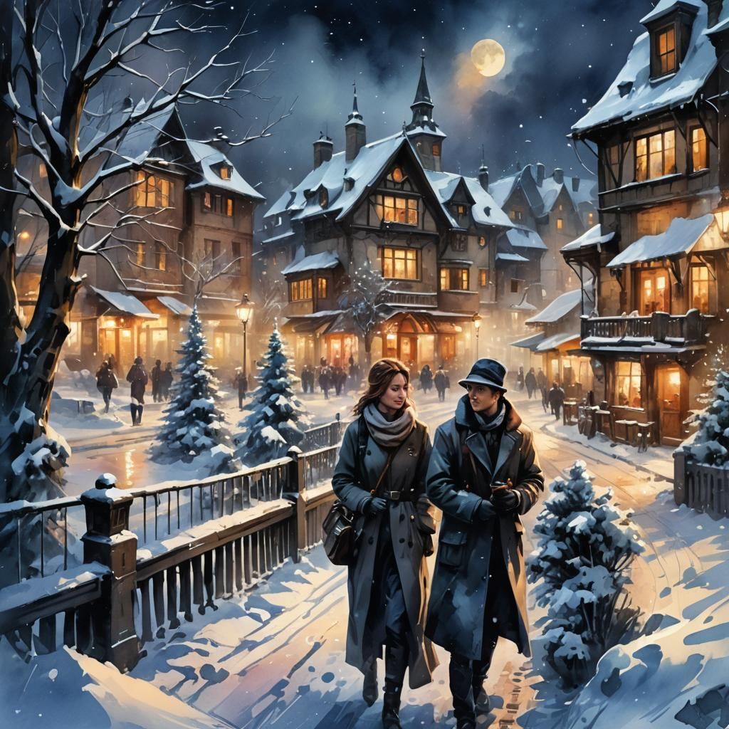 Winter Night Landscape in Digital Watercolor Style