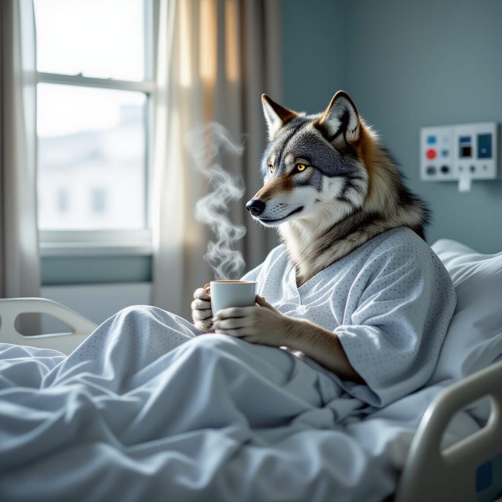 Wolf in Hospital Gown Drinks Coffee in Dramatic Matte Painti...