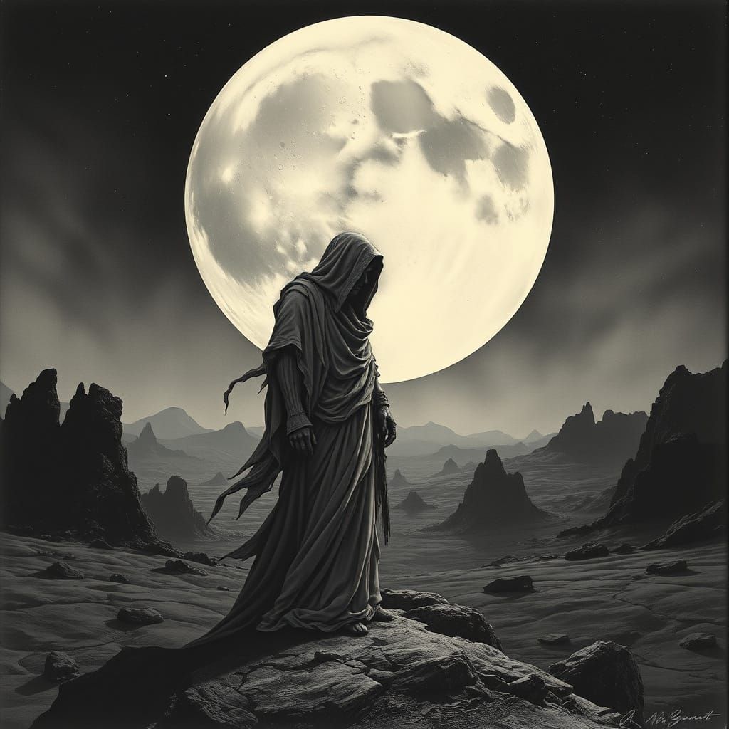 Ethereal Hades in Lunar Landscape, Inspired by Vintage Litho...