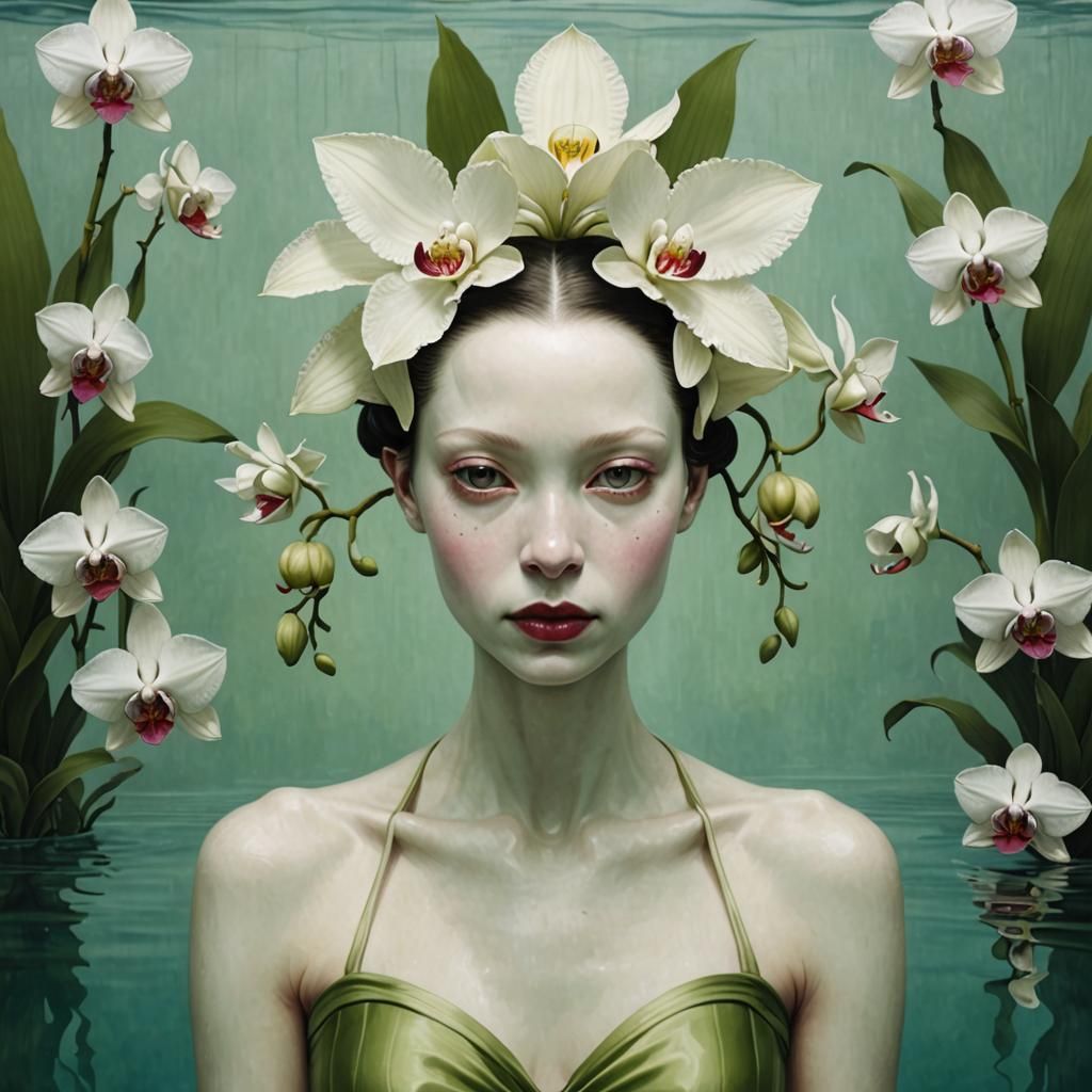 Surreal Female Swimmer Portrait with Orchids