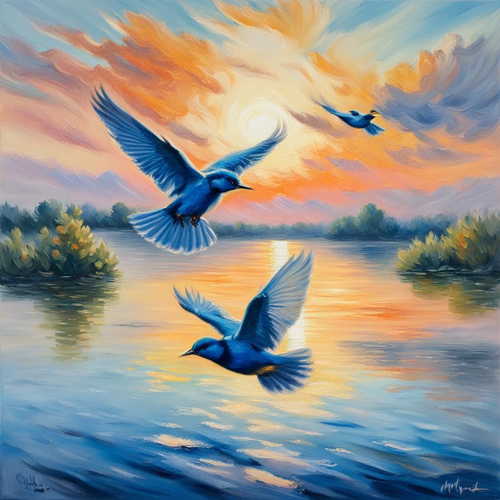 Impressionist Oil Painting of African Sunrise with Flying Bl...