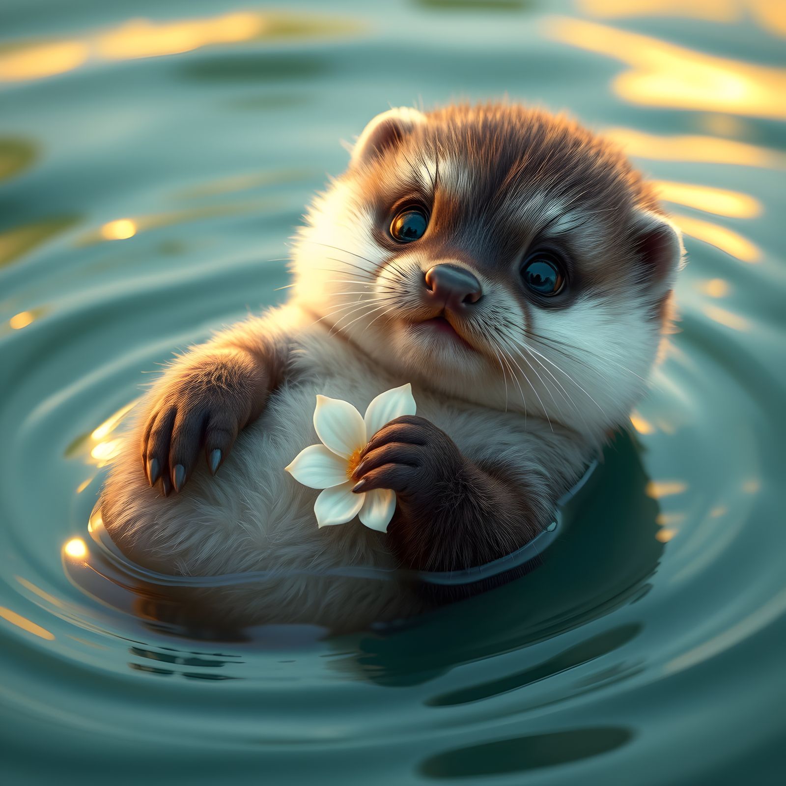 Sweet Otter Cub with Flower, Fantasy Art