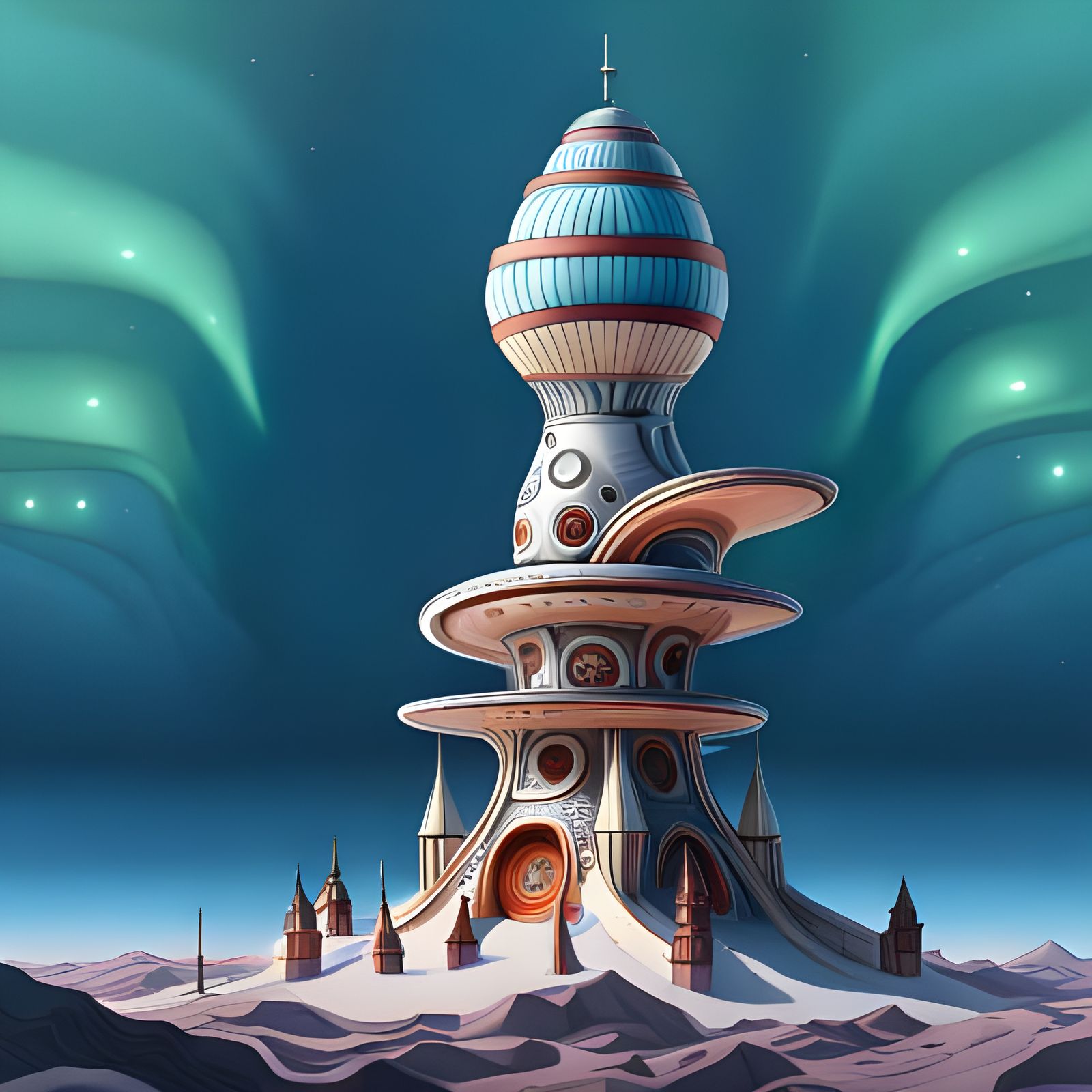 Rocket Ship Travels Through Galaxy in Surreal Style