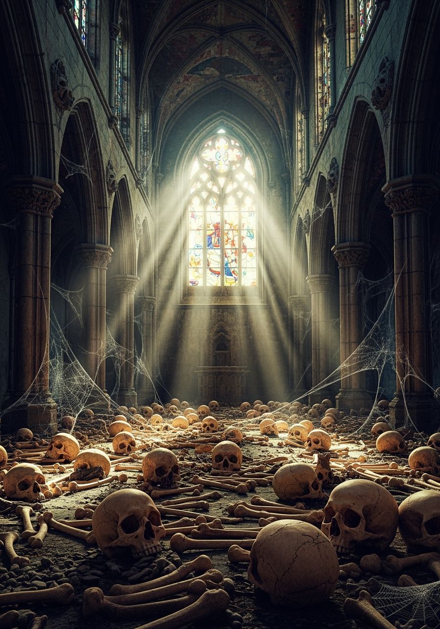 Macabre Gothic Church Scene in Hyperrealistic Style