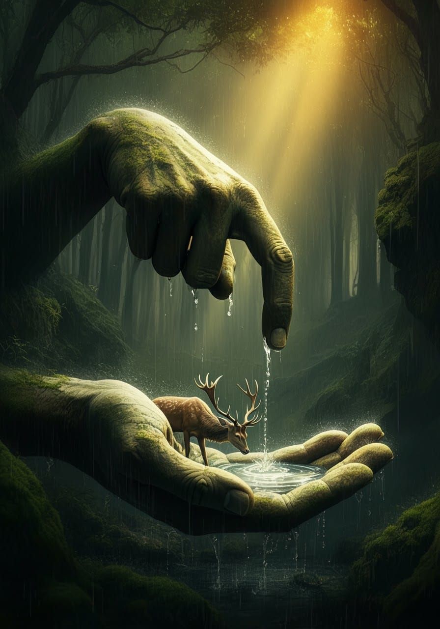 Surreal Forest: Stone Hand Shelters Deer