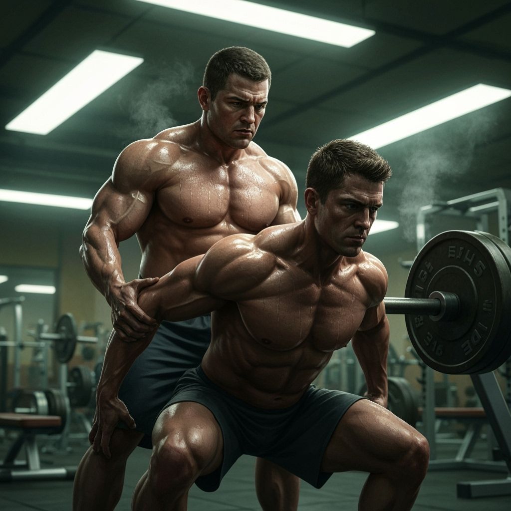 Gym Spotter Assists Muscular Man in Deep Squat