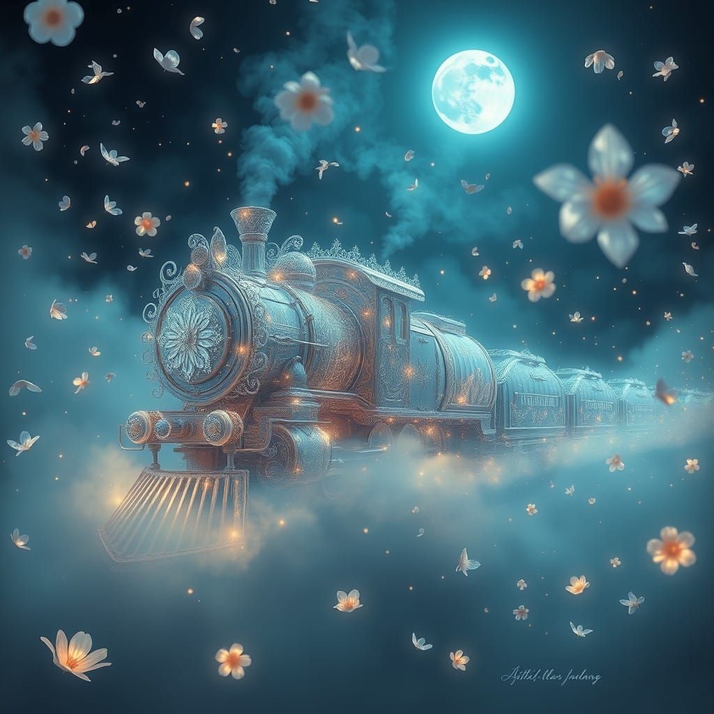 Ethereal Glass Train Soars Through Fog-Shrouded Night Sky