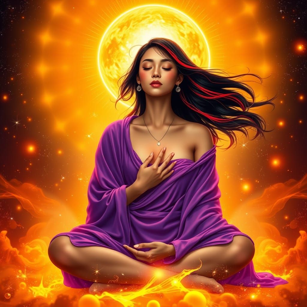Meditative Indonesian Woman in Cosmic Aura