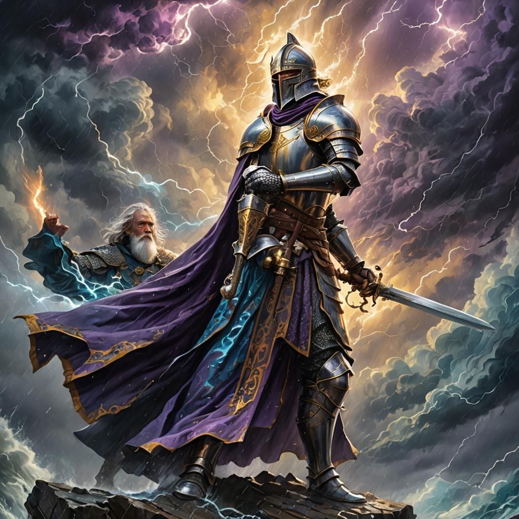 Knight and Wizard Face Off in Stormy Fantasy Art