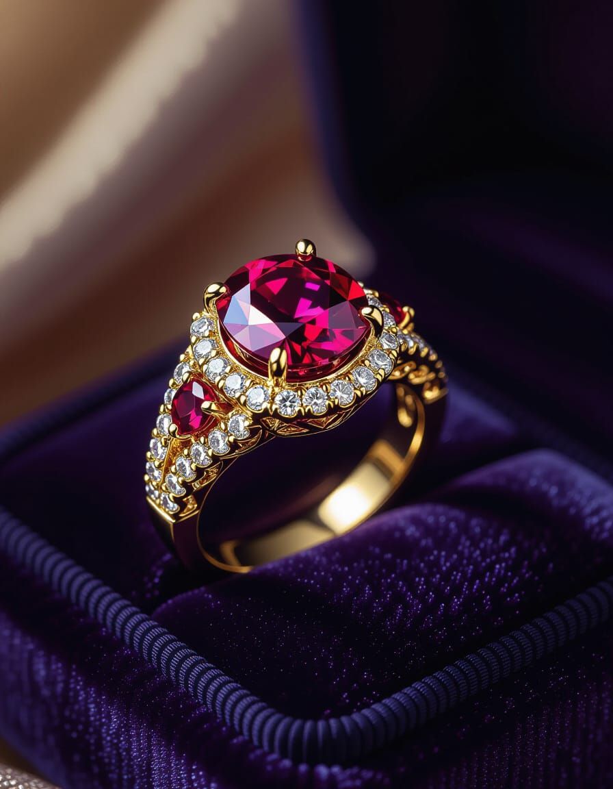 Regal Ruby Wedding Ring on Velvet Cushion