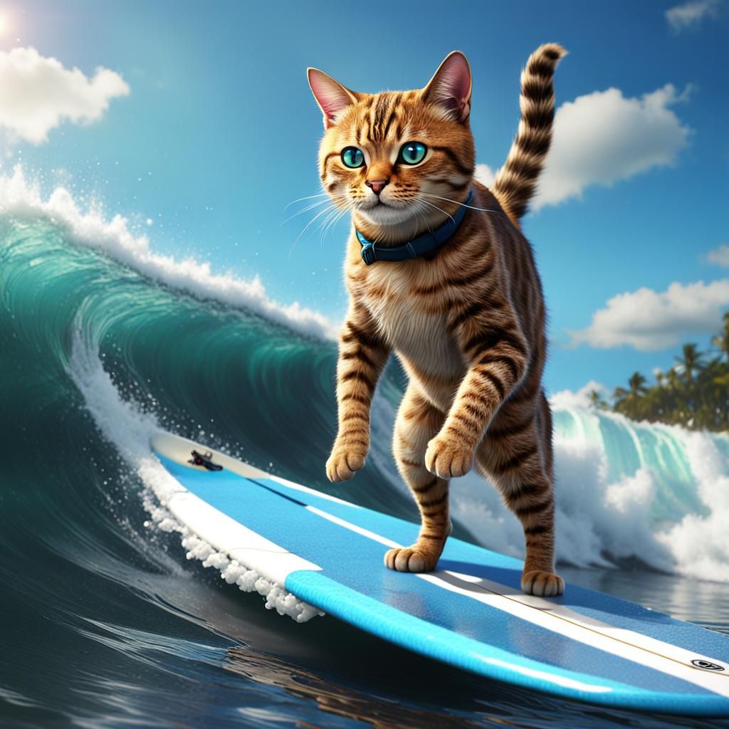 Cat Surfing: Realistic Digital Art