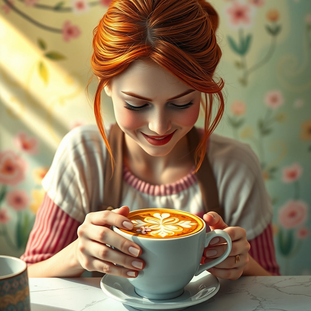 Redhead Tradwife's Latte Art in Hyperrealistic Style