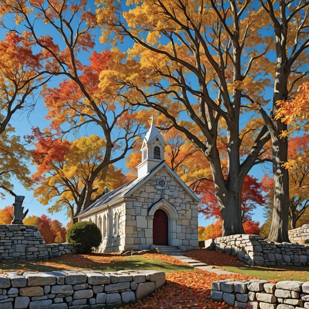 Autumn Country Chapel with Colorful Fall Foliage