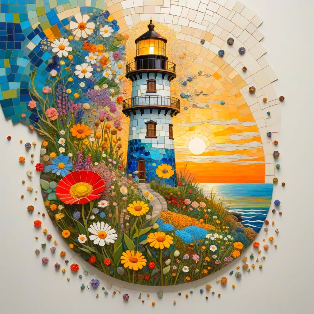 Wildflowers at Lighthouse Sunset, Klimt & Murakami Style