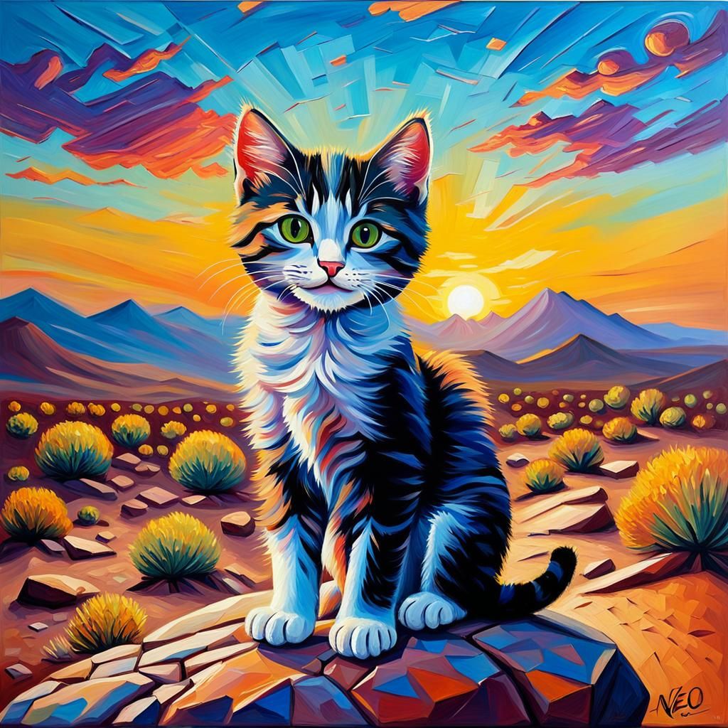 Happy Kitten at Desert Sunset: Expressionist Oil Painting