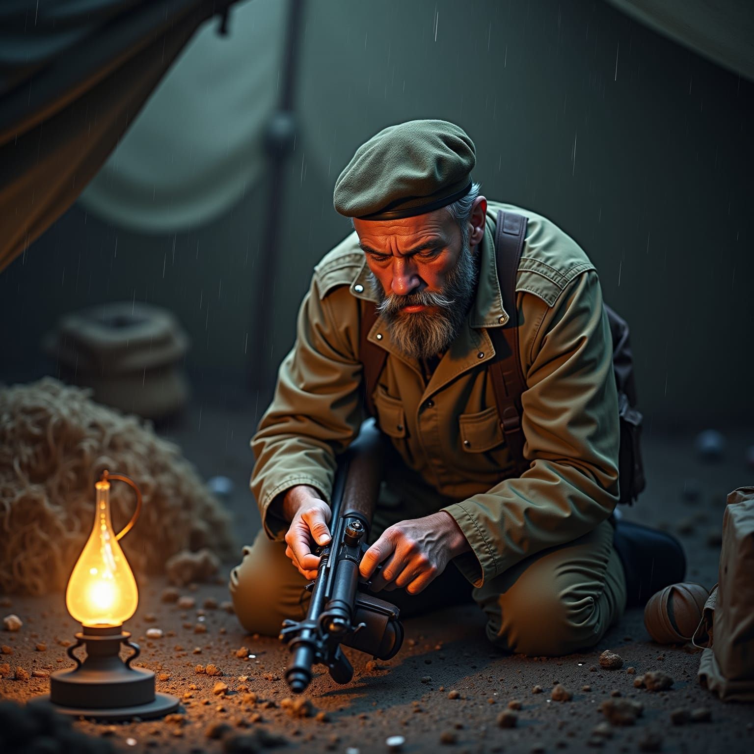 Grizzled Soldier Assembles Rifle in Rainy Military Tent