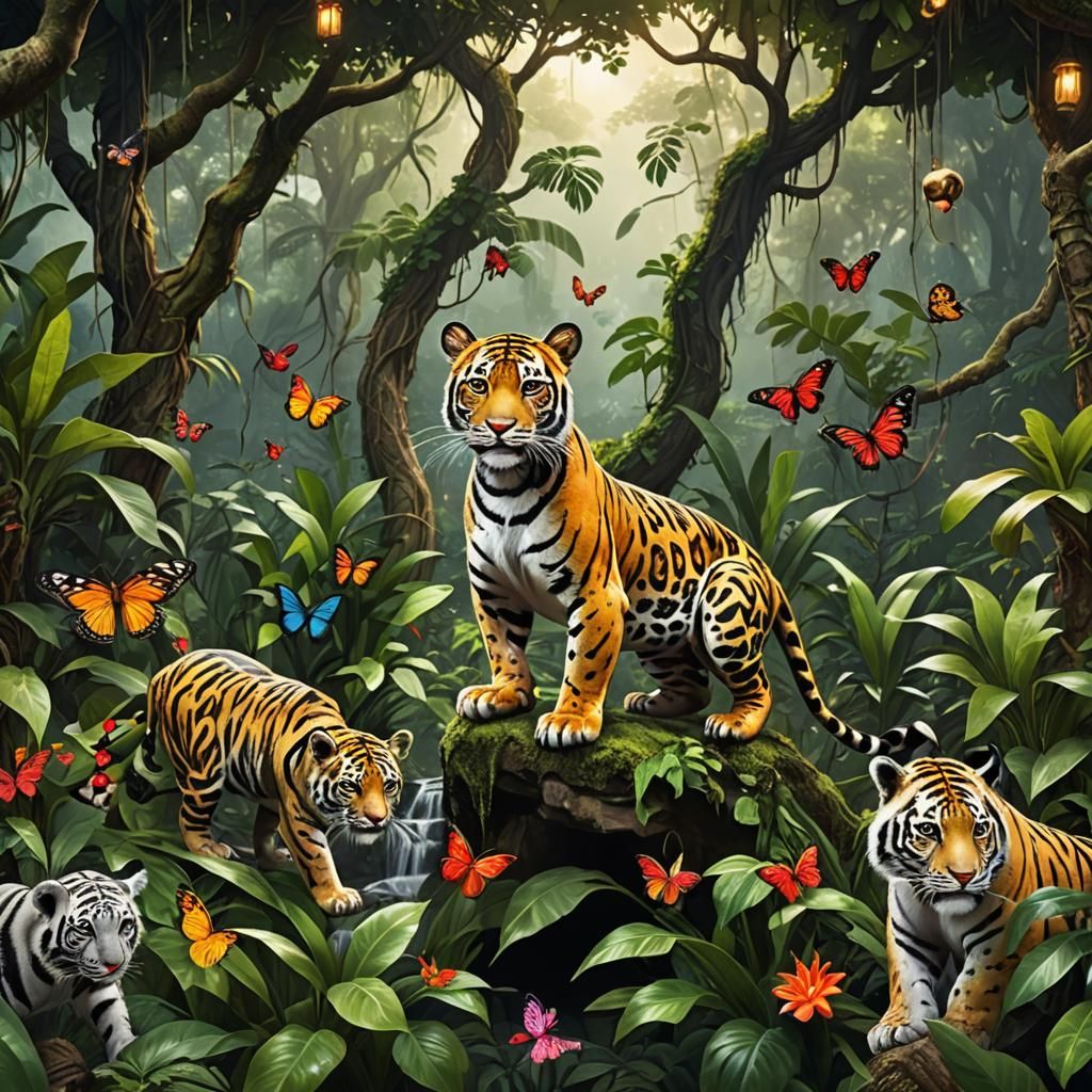 Lush Jungle Scene with Exotic Animals