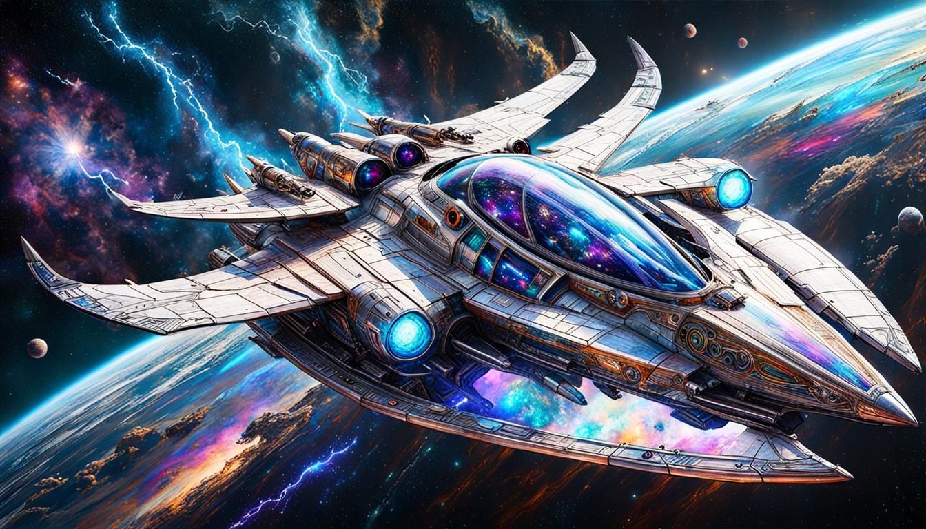 Futuristic Starship Surfing Lightning Wave in Space