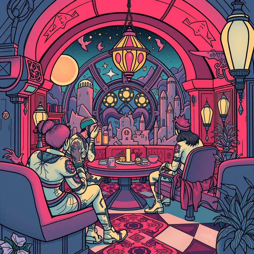 Art Deco Fantasy Scene with Tattooed Elements