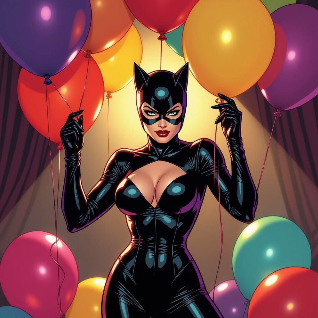 Catwoman Deflates Balloon in Gothic Comic Style