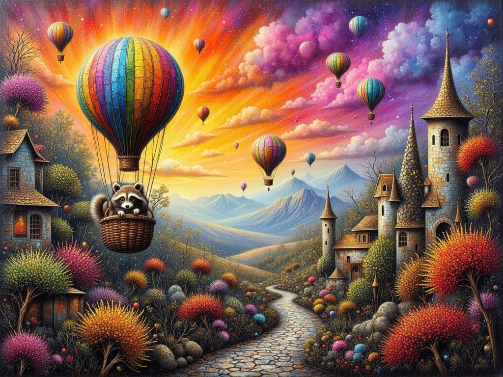 Hot Air Balloon, Woodland Creature, Mixed Media