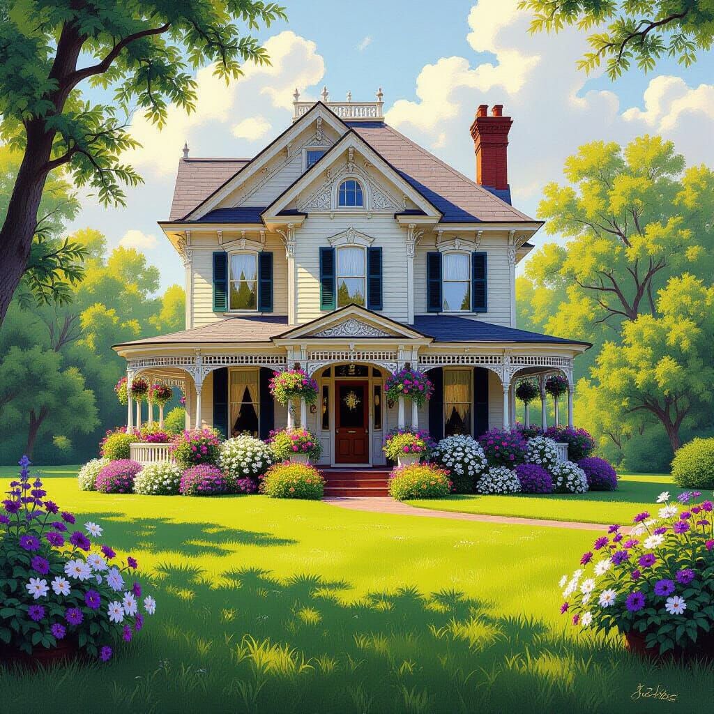 Victorian House in Lush Field, Serene Oil Painting