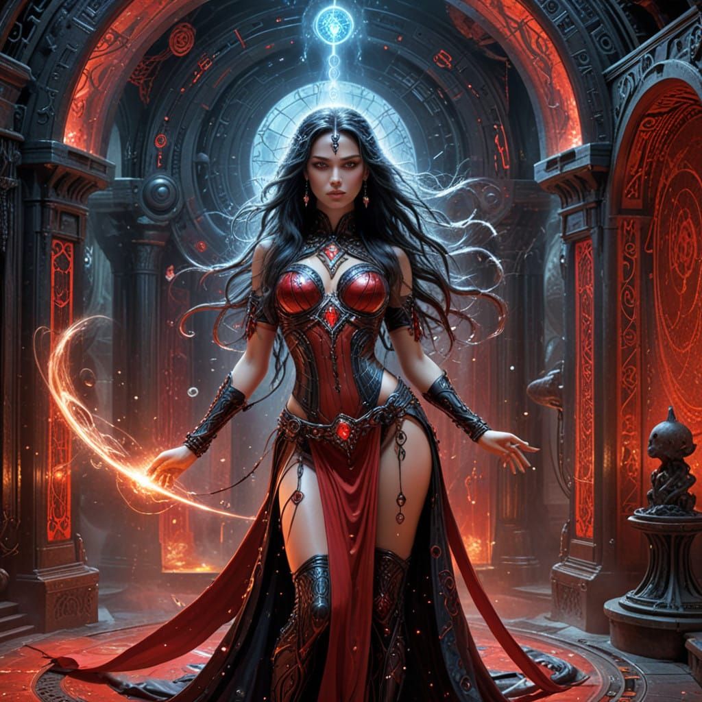 Mystical Cyber Sorceress in Aetherpunk Chamber