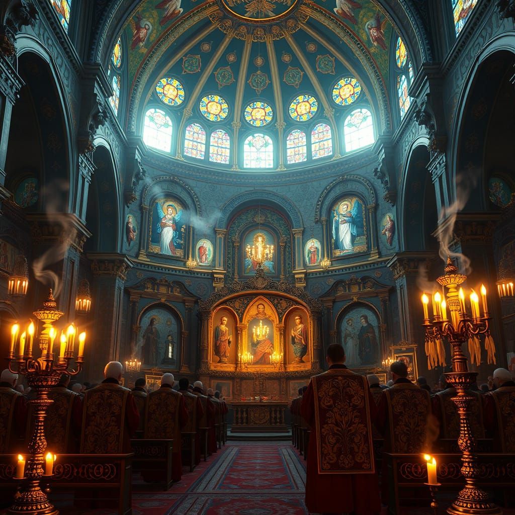 Orthodox Church Interior with Vibrant Stained Glass and Myst...