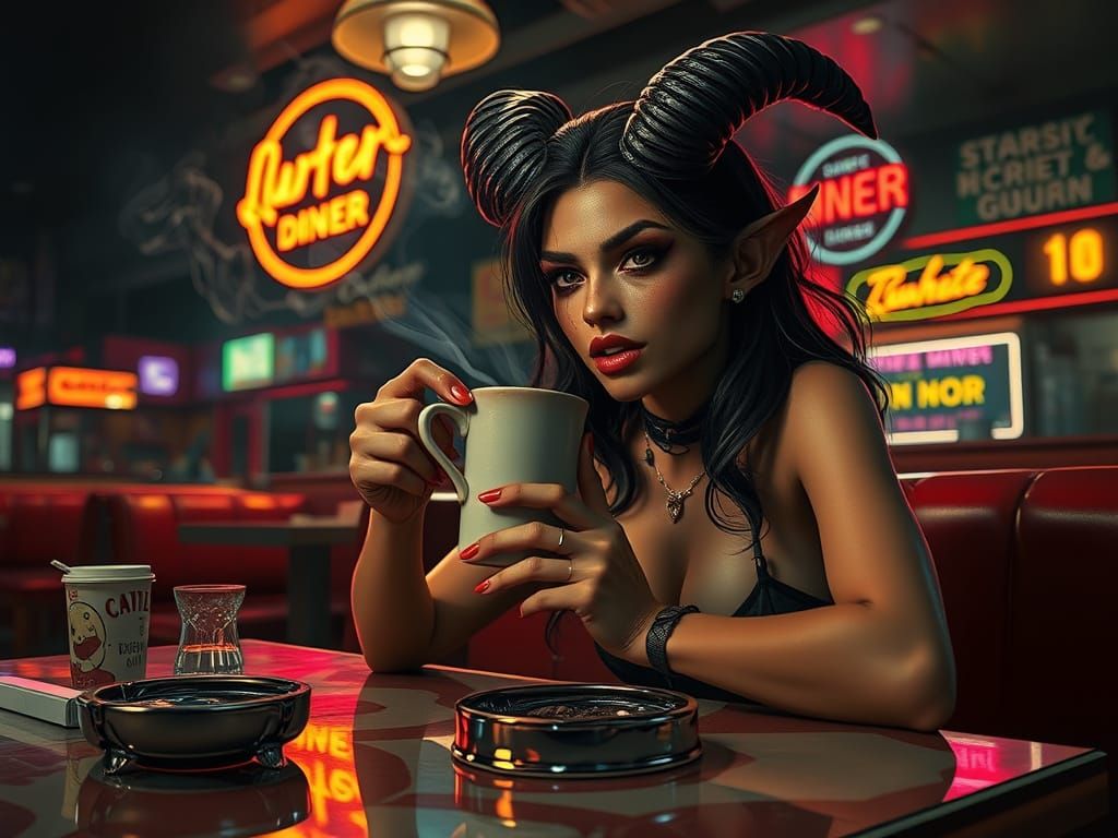 Sultry Female Demon Sips Coffee in Retro Diner
