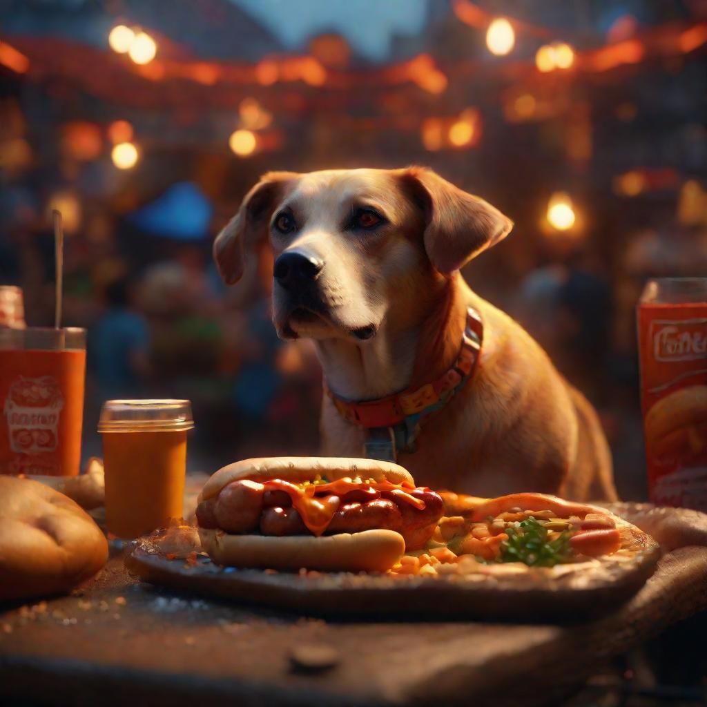 Dog Eating Hotdog in Fantasy Market, Greg Rutkowski Style