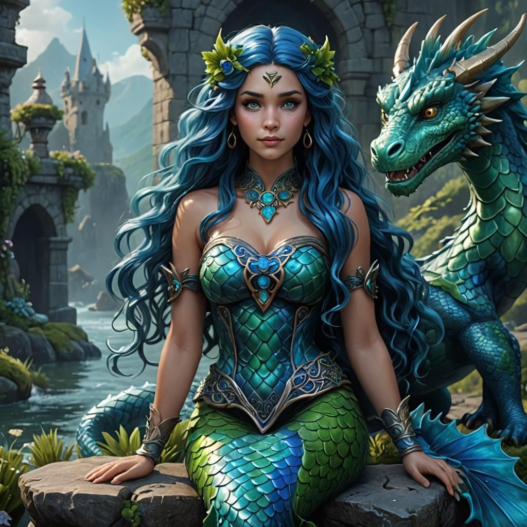 Celtic Mermaid with Blue Dragons, Detailed Fantasy Art