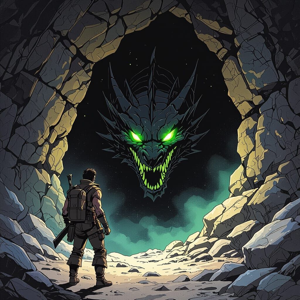 Explorer and Dragon in Gritty Comic Book Style