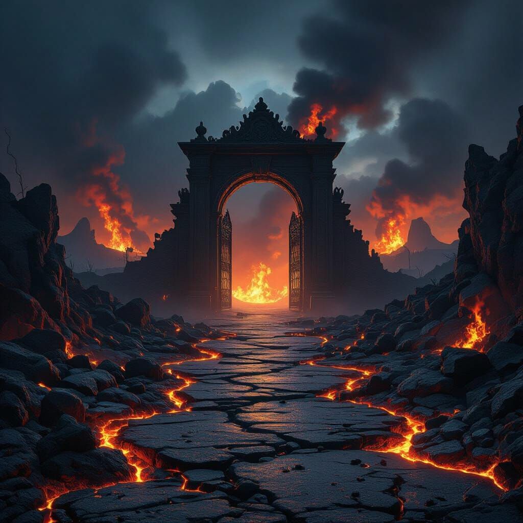 Infernal Gate Pathway in Fiery Lava Landscape