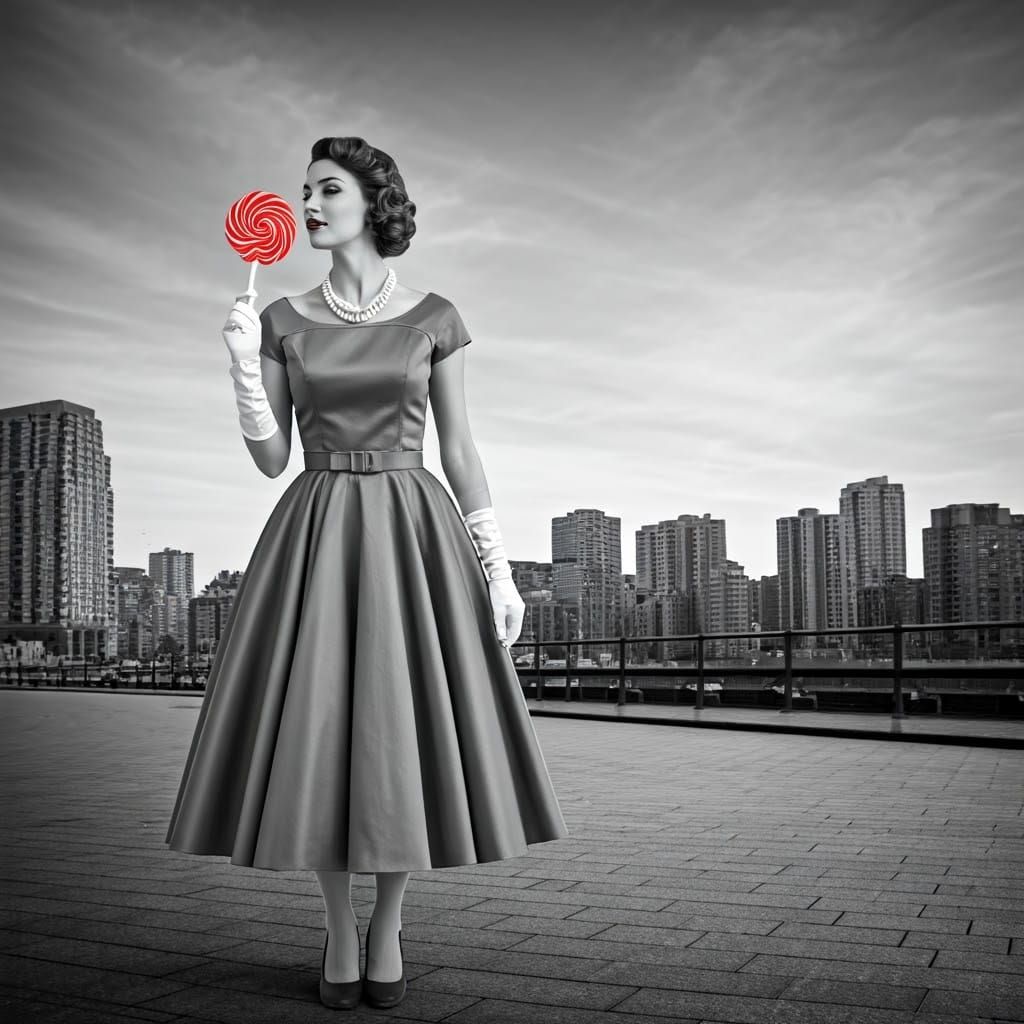 Woman Posing with Red Lollipop in Vintage Cityscape