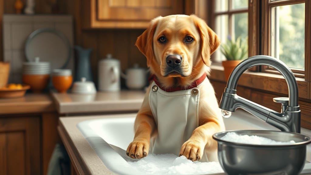 Labrador Doing Dishes in Cozy Kitchen