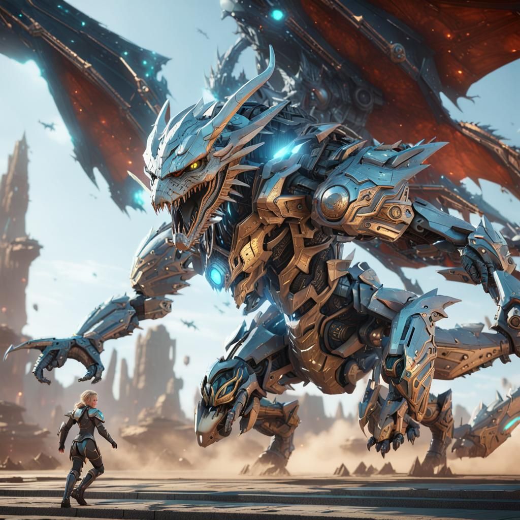 Elf Warrior on Cybernetic Dragon in Sci-Fi Style
